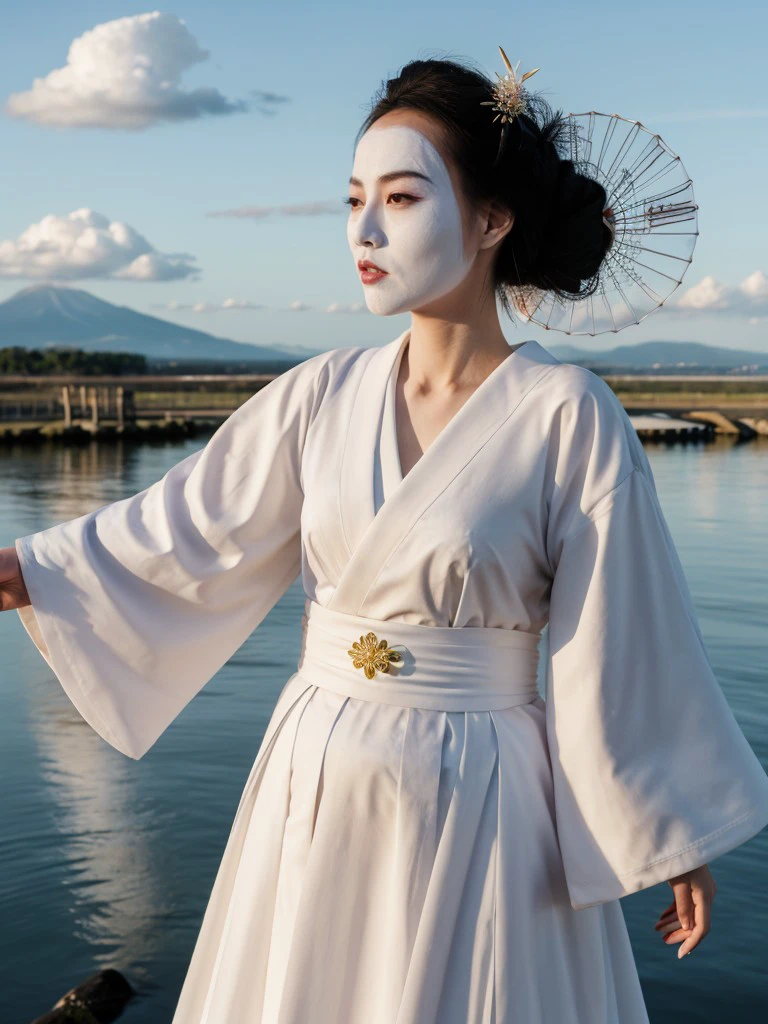 <lora:rnk-29:1> rnk,japanese Kepatsu hair, white painted face,wearing japanese dress, full body,masterpiece,blue sky,8k,uhd,soft lighting