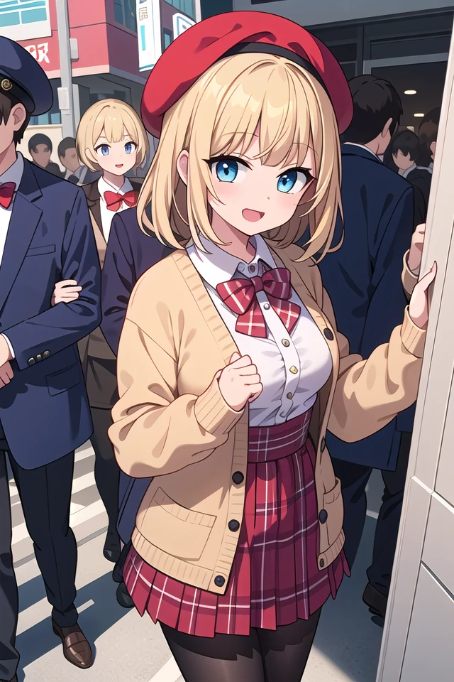insanely detailed, absurdres, ultra-highres, ultra-detailed, best quality,
1girl, solo, nice hands, perfect hands,
BREAK
(vintage-inspired beret with flower pin:1.3), (navy and red plaid dress:1.5), (golden buttons down the front:1.2), (ivory blouse with ruffle detailing and red bow tie:1.4), (peach cardigan with cable knit pattern:1.3), (black tights:1.1), (red Mary Jane shoes:1.2)
BREAK
happy smile, laugh, open mouth, standing,
45 angle,
cute pose, cowboy shot,
BREAK
slender, kawaii, perfect symmetrical face, ultra cute girl, ultra cute face, ultra detailed eyes, ultra detailed hair, ultra cute, ultra beautiful,
BREAK
in harajuku, shibuya, tokyo, street, crowd, cityscape,
BREAK
medium breasts,
(blonde medium hair, blue eyes),