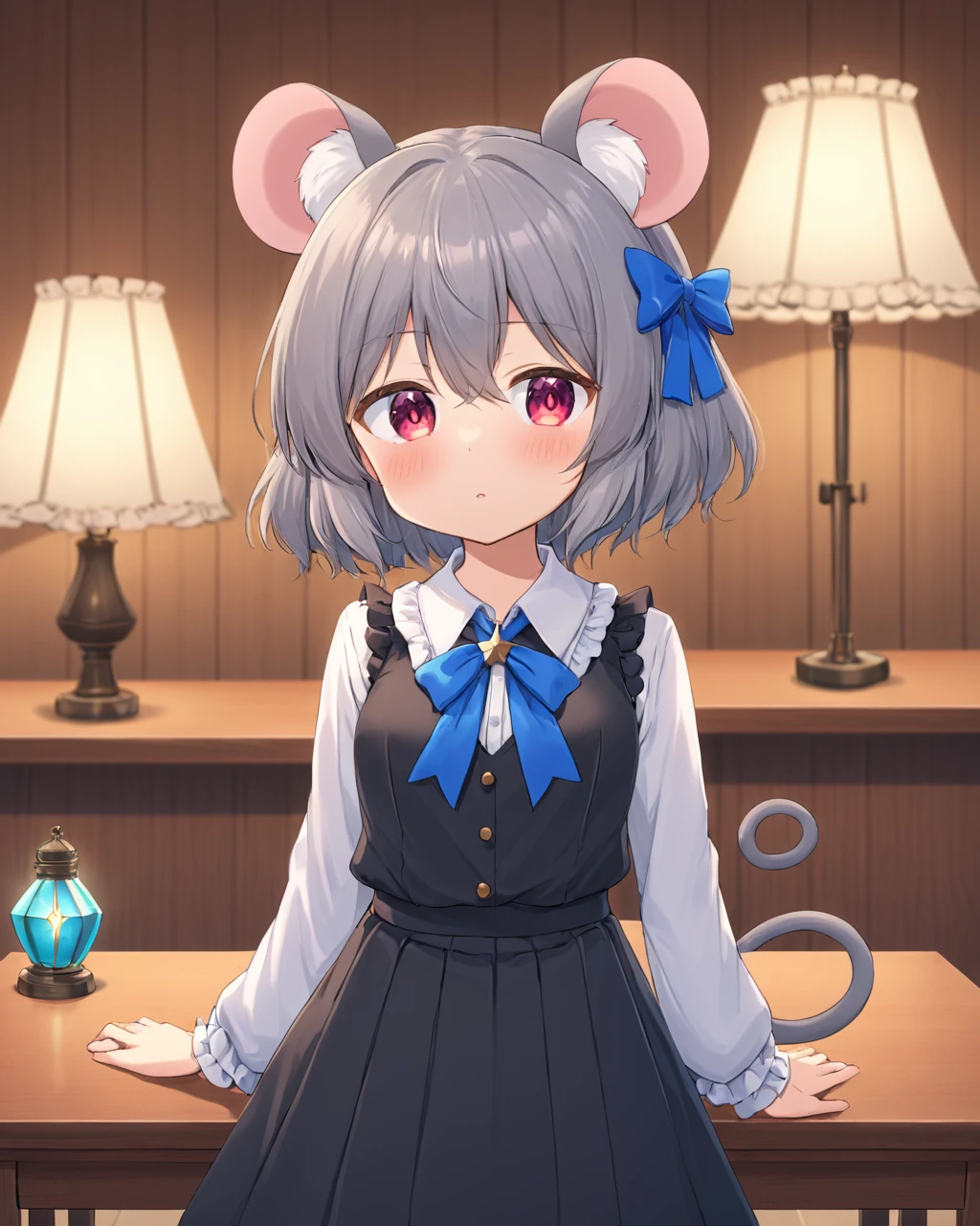 nazrin,1girl, solo, indoors, mouse_tail, window, long_sleeves, black_skirt, lamp, looking_to_the_side, cowboy_shot, blue_ribbon, blush, head_tilt, white_shirt, standing, blurry, neck_ribbon, alternate_costume, :o, parted_lips, chair, wooden_table, frilled_skirt, ribbon_trim
<lora:nazrin_image9511_2023-12-20-000006:1>,star-shaped_pupils,symbol-shaped_pupils,. gorgeous,key visual, vibrant, studio anime,award-winning, professional, highly detailed,high budget, cinemascope