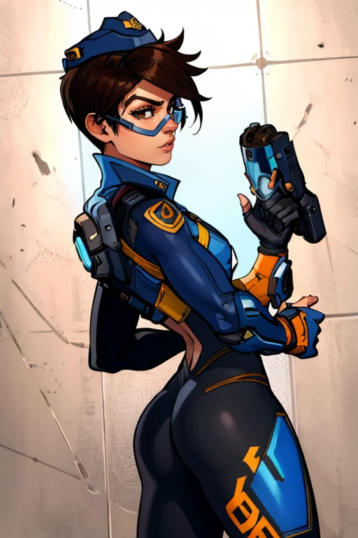 masterpiece,best quality,extreme detail,8k,image sharpness,<lora:Tracer-10:0.8>,Tracer2,1girl,solo,short hair,brown hair,gloves,hat,ass,alternate costume,looking back,fingerless gloves,armor,uniform,official alternate costume,lips,bodysuit,goggles,headset,nose,garrison cap,tinted eyewear,police,police uniform,