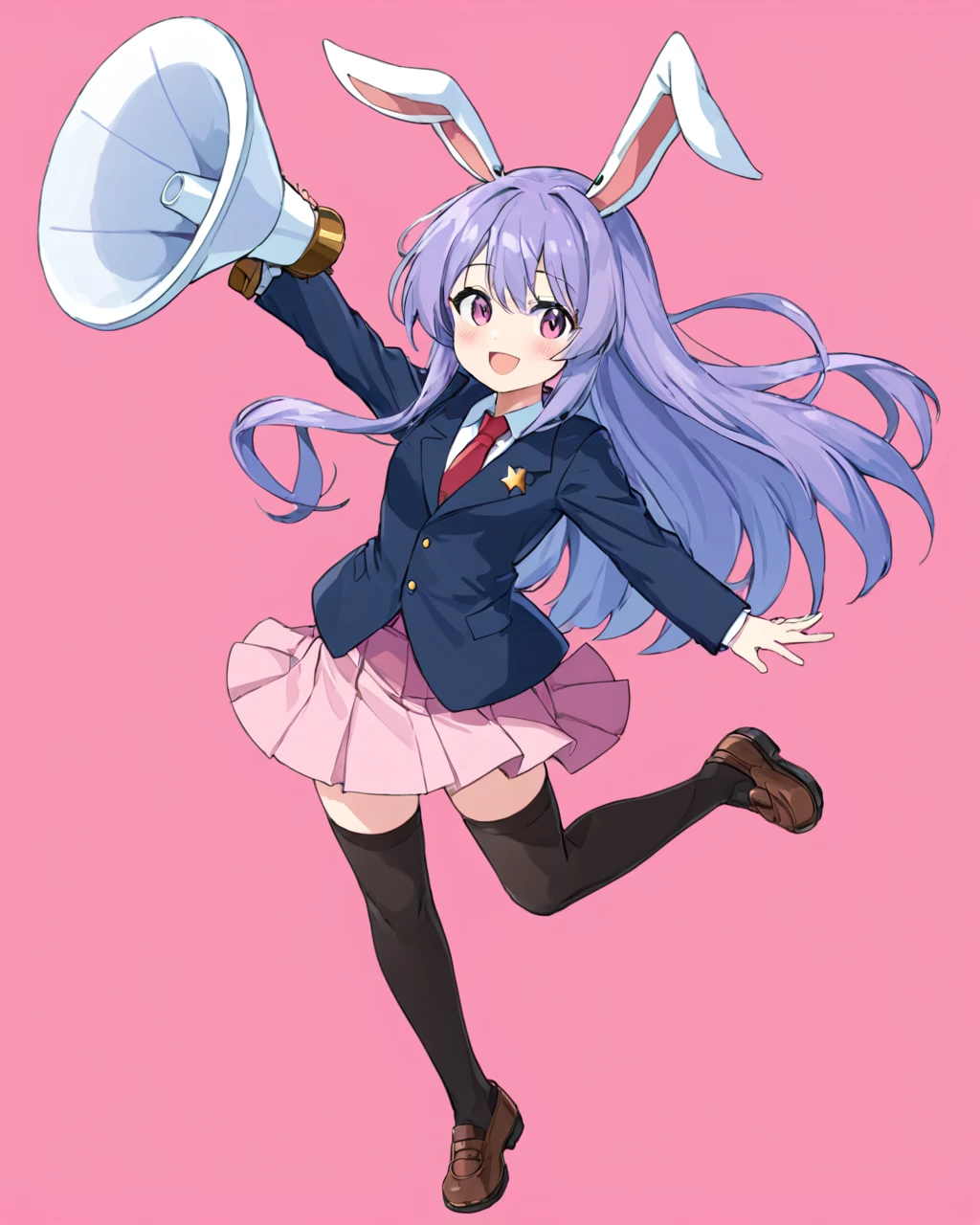 reisen udongein inaba, pink_skirt, open_mouth, simple_background, shoes, brown_footwear, solo, pink_background, black_thighhighs, smile, long_sleeves, holding, arm_up, megaphone, necktie, looking_at_viewer, standing_on_one_leg, 1girl, blush, black_jacket, pleated_skirt, buttons, full_body, umbrella, blazer, collared_shirt
<lora:reisen_udongein_inaba_image7606_2023-12-20-000006:1>,star-shaped_pupils,symbol-shaped_pupils,. gorgeous,key visual, vibrant, studio anime,award-winning, professional, highly detailed,high budget, cinemascope