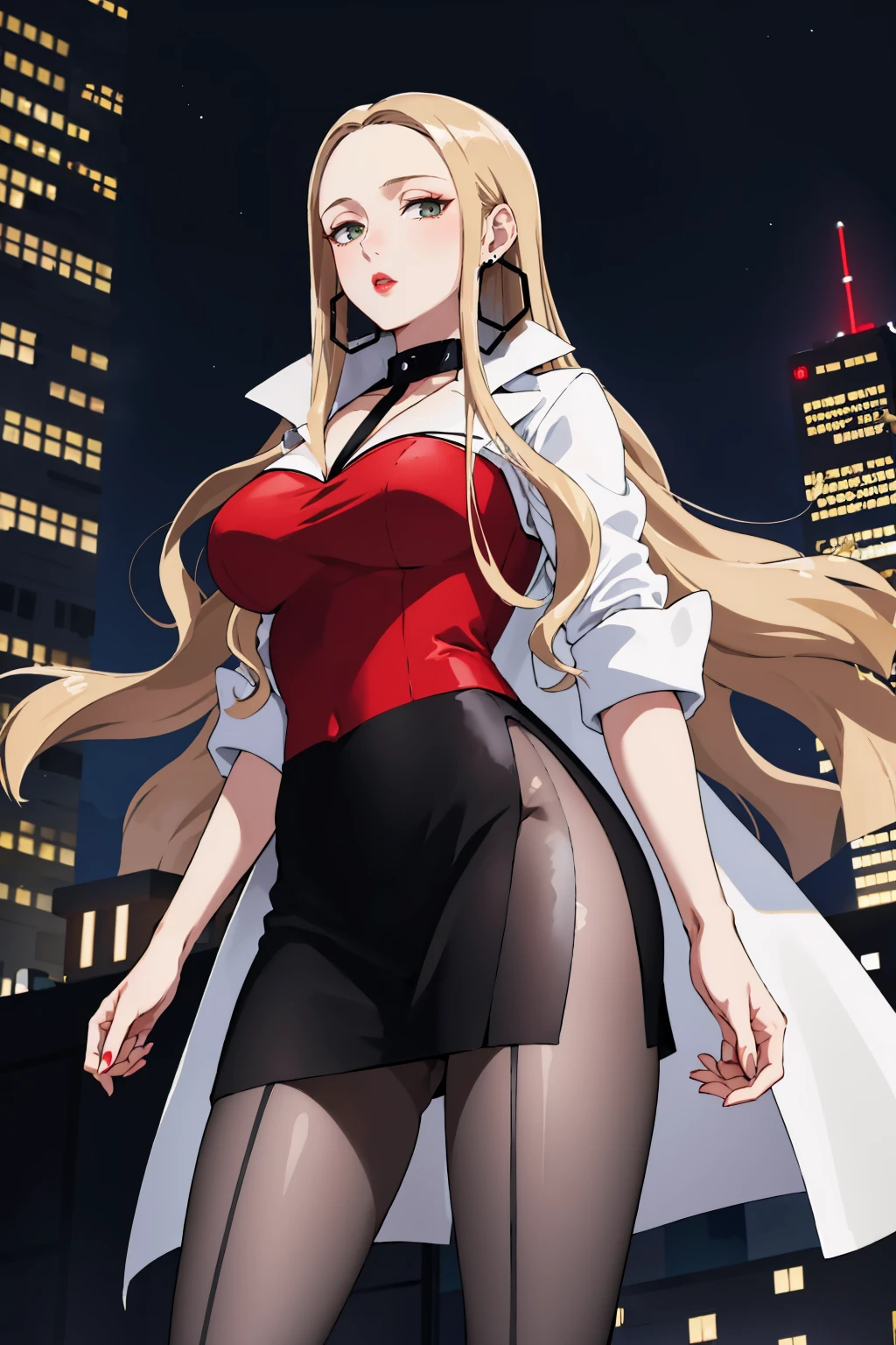 masterpiece, best quality, <lora:oleana-nvwls-v1-000010:0.9> oleana, long hair, sidelocks, choker, hoop earrings, lipstick, white coat, red shirt, black skirt, large breasts, pantyhose, high heels, whole body, contrapposto, looking at viewer, from below, night sky, city skyline