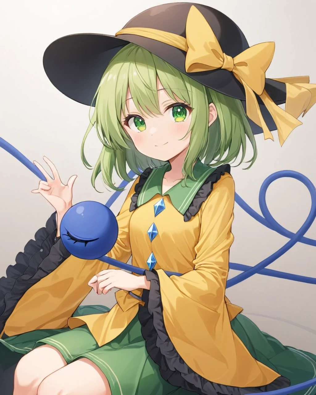 komeiji koishi,1girl, solo, third_eye, green_skirt, looking_at_viewer, yellow_shirt, smile, long_sleeves, black_headwear, wide_sleeves, yellow_ribbon, closed_mouth, frilled_sleeves, diamond_button, hat_ribbon, frilled_shirt_collar, white_pupils, sitting, blouse, hand_up, bow
<lora:komeiji_koishi_image10724_2023-12-20-000004:1>,star-shaped_pupils,symbol-shaped_pupils,. gorgeous,key visual, vibrant, studio anime,award-winning, professional, highly detailed,high budget, cinemascope