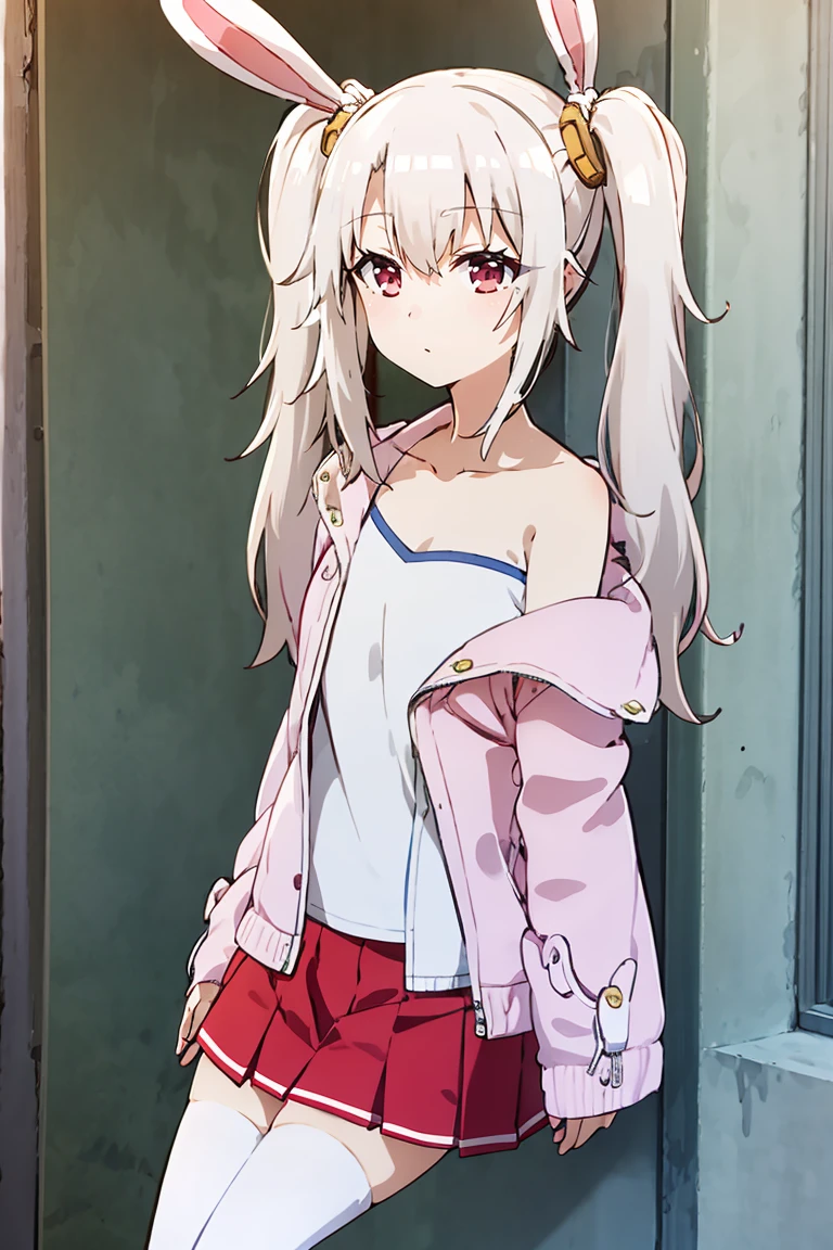 <lora:Prisma_CAT_Lora_v1:0.8>, masterpiece, best quality, highres, aalaffey, long hair, collarbone, white shirt, white camisole, off shoulder, pink jacket, open clothes, long sleeves, pleated skirt, red skirt, white thighhighs, <lora:laffey_(azur_lane)_v1:0.7>,