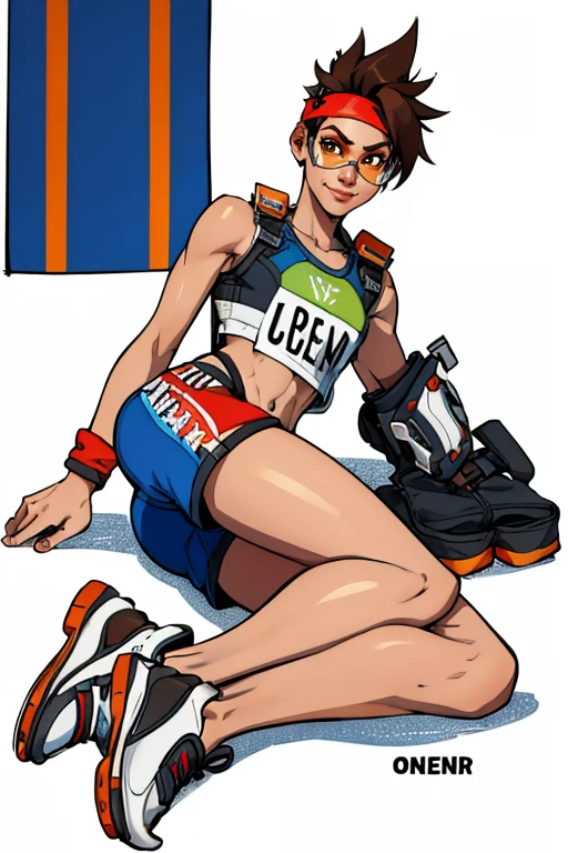 masterpiece,best quality,extreme detail,8k,image sharpness,<lora:Tracer-10:0.8>, Tracer2,1girl,solo,looking at viewer,smile,short hair,brown hair,navel,brown eyes,full body,lying,shoes,shorts,sleeveless,midriff,official alternate costume,crop top,short shorts,headband,on side,spiked hair,goggles,sneakers,clothes writing,sportswear,flag,harness,chest harness,union jack,orange goggles,track and field,