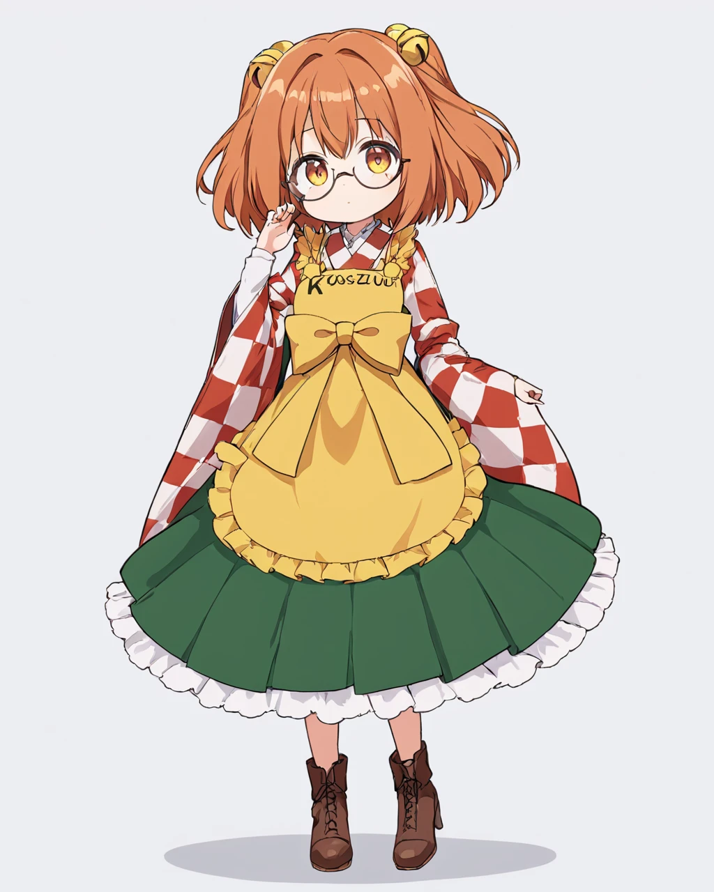 motoori kosuzu,1girl, solo, yellow_apron, glasses, green_skirt, checkered_kimono, hair_bell, round_eyewear, wide_sleeves, white_background, long_sleeves, simple_background, full_body, two_side_up, looking_at_viewer, brown_footwear, jingle_bell, frilled_skirt, shirt, clothes_writing, adjusting_eyewear, yellow_bow, high_heel_boots, one-hour_drawing_challenge, red_kimono
<lora:motoori_kosuzu_image1256_2023-12-20-000014:1>,star-shaped_pupils,symbol-shaped_pupils,. gorgeous,key visual, vibrant, studio anime,award-winning, professional, highly detailed,high budget, cinemascope