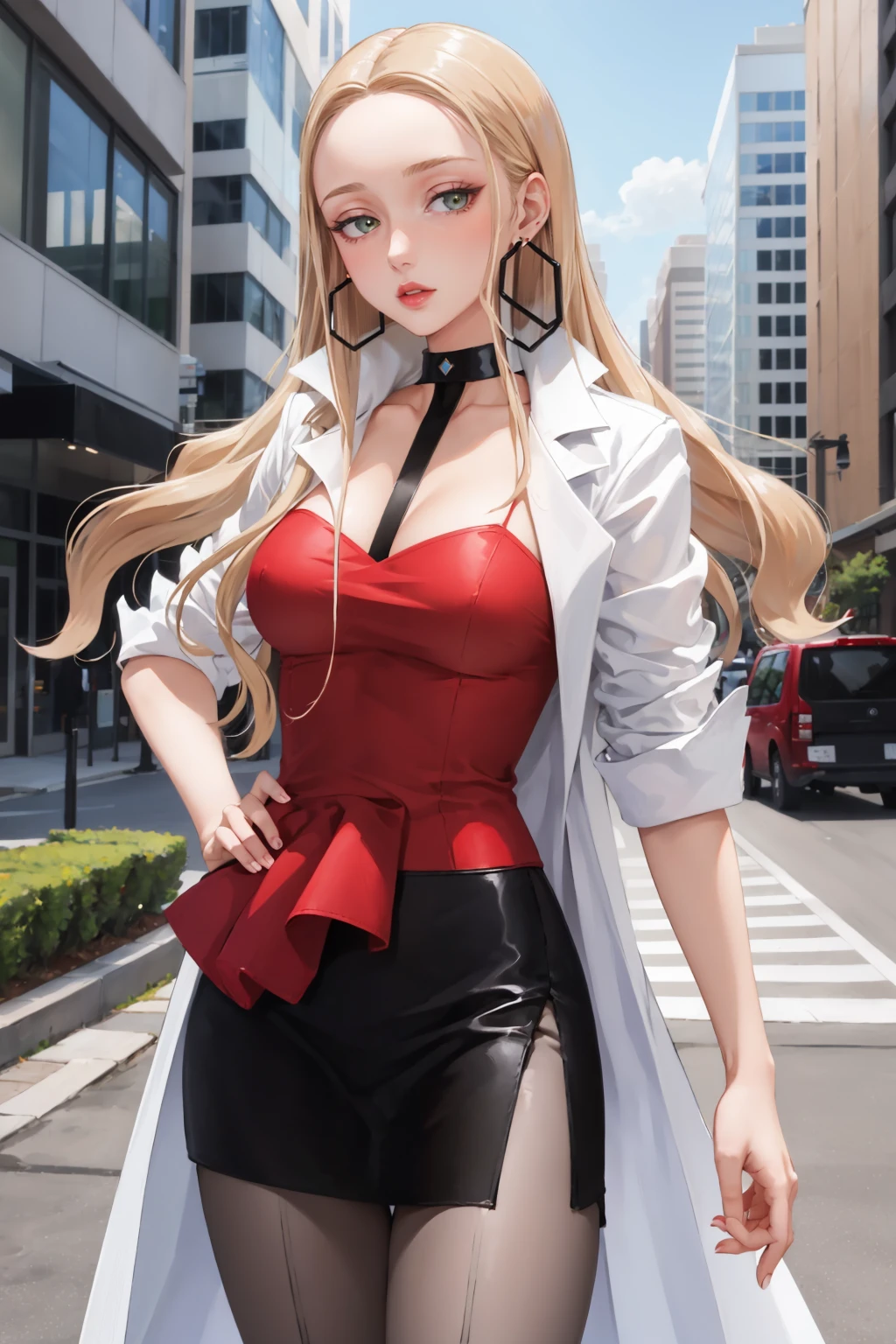 masterpiece, best quality, <lora:oleana-nvwls-v1-000010:1> oleana, long hair, sidelocks, choker, hoop earrings, lipstick, labcoat, red shirt, black skirt, large breasts, pantyhose, looking at viewer, cowboy shot, looking at viewer, hand to hip, outdoors, office building, street