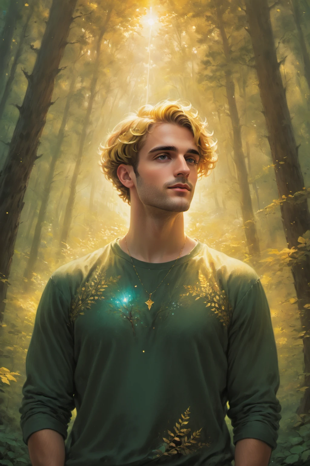 cosmic canvas, forest background, painting of a handsome man,clothing_male_top_, French crop, Metallic gold hair, surrounded by clouds, <lora:Cosmic_Canvas_SDXL:1>