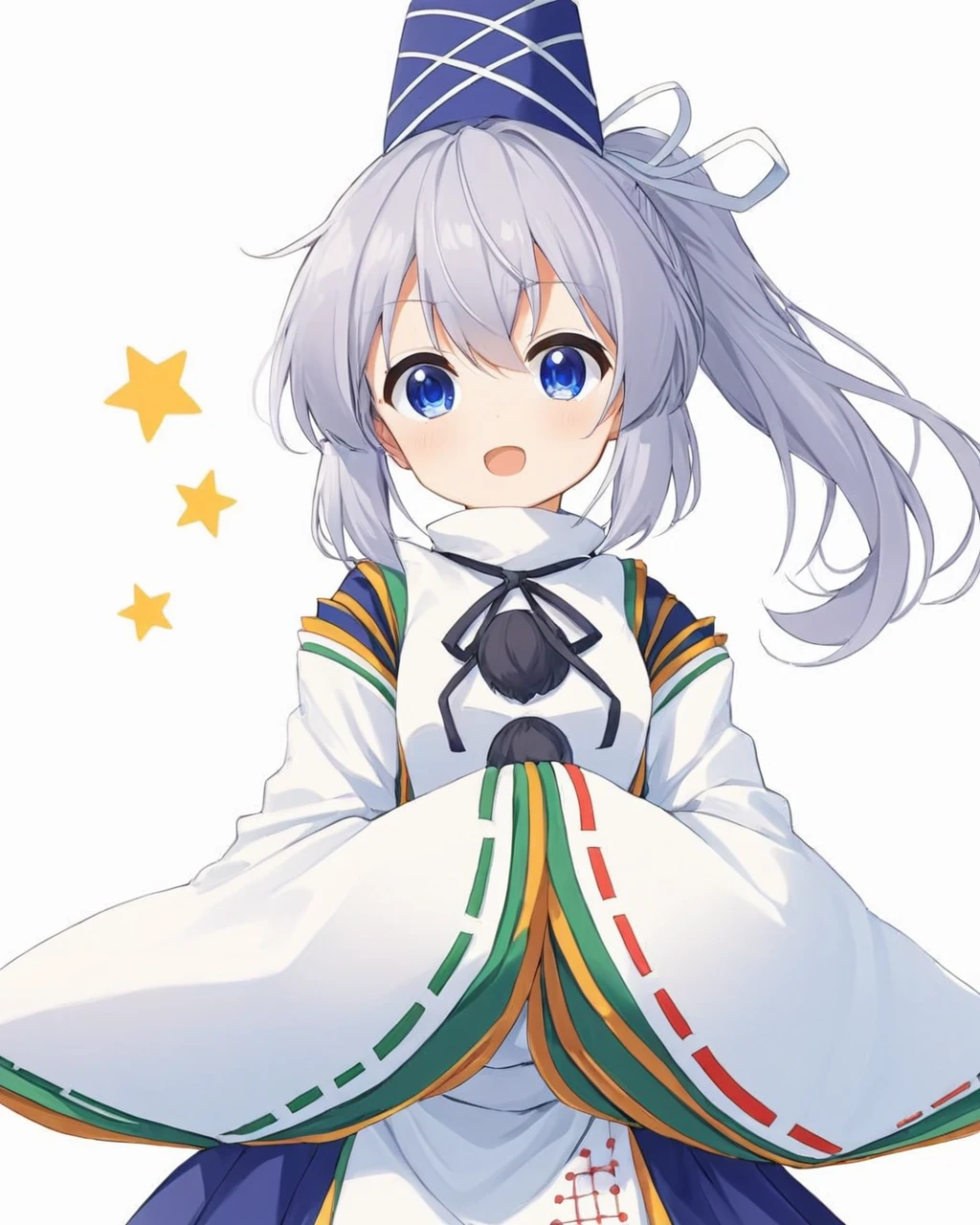 mononobe no futo,1girl, solo, tate_eboshi, open_mouth, ribbon-trimmed_sleeves, kariginu, white_background, wide_sleeves, simple_background, ponytail, pom_pom_\(clothes\), hands_in_opposite_sleeves, facing_viewer, :d, long_sleeves, ^_^, ribbon, head_tilt, blue_headwear, blue_skirt
<lora:mononobe_no_futo_image4909_2023-12-20-000007:1>,star-shaped_pupils,symbol-shaped_pupils,. gorgeous,key visual, vibrant, studio anime,award-winning, professional, highly detailed,high budget, cinemascope