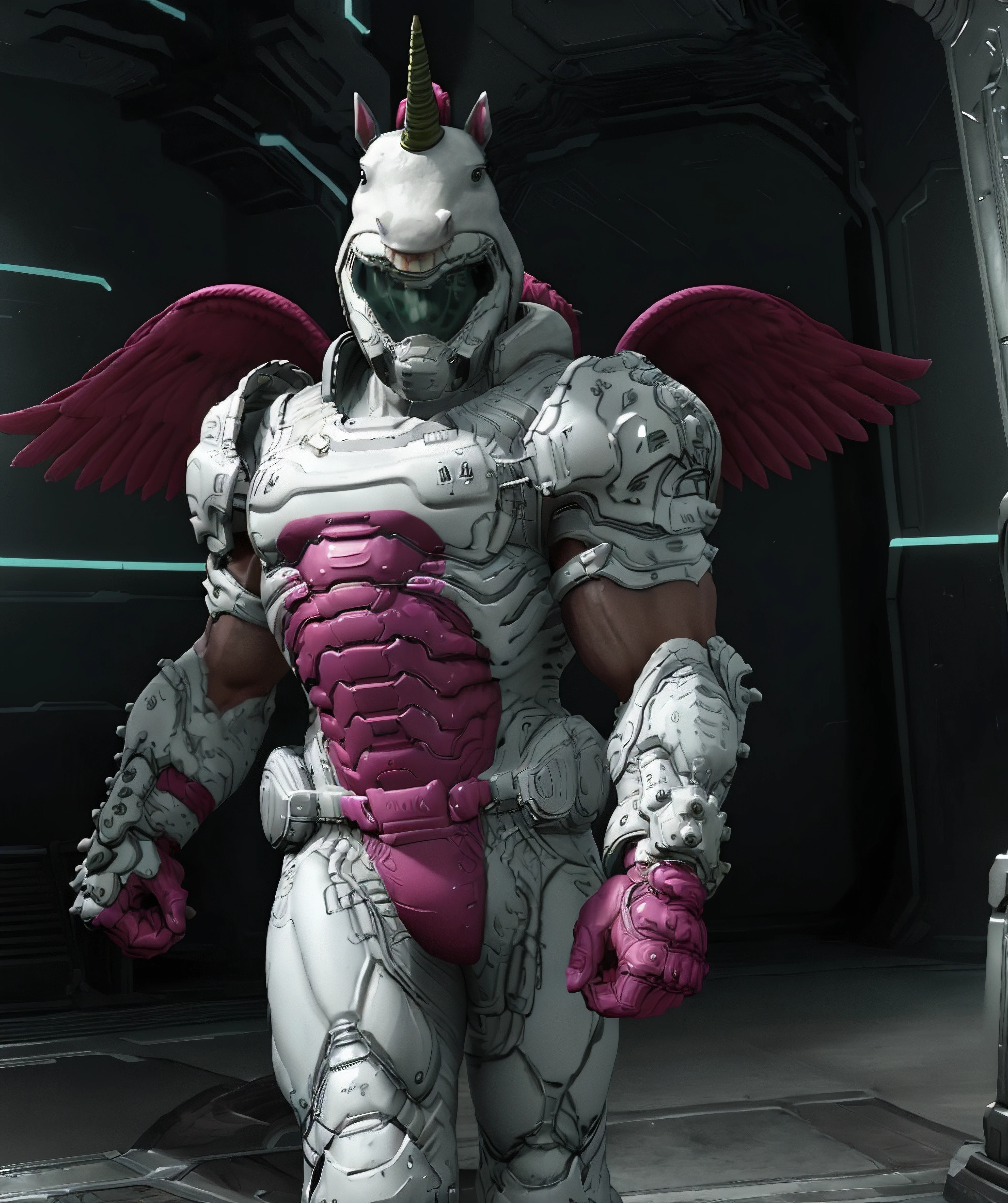 (realistic, in game graphics, game graphics), doomicorn, wing, visor, 1man, male focus, muscular, running, feminime <lora:Doomicorn:0.85>