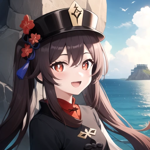 ((masterpiece)),(best quality),official art,extremely detailed CG,unity 8k wallpaper,ultra detailed,A lighthouse on a cliff by the sea,1girl,solo,upper body,(portrait:1.2),looking at viewer,hat,red_eyes,brown_hair,:d,twintails,smile,black_shorts,chinese_clothes,long_sleeves,symbol-shaped_pupils,short_shorts,red eyes,black_headwear,very_long_hair,<lora:Hutao(gen)>,