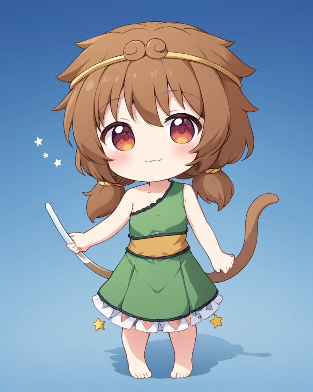 son biten,1girl, solo, barefoot, full_body, tongue_out, multicolored_dress, blush, holding, smile, signature, closed_mouth, looking_at_viewer, skirt, bare_shoulders, standing, rope, chibi, sleeveless, headpiece, tail
<lora:son_biten_image350_2023-12-20-000025:1>,star-shaped_pupils,symbol-shaped_pupils,. gorgeous,key visual, vibrant, studio anime,award-winning, professional, highly detailed,high budget, cinemascope