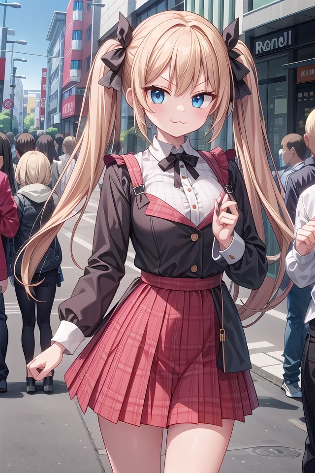 insanely detailed, absurdres, ultra-highres, ultra-detailed, best quality,
1girl, solo, nice hands, perfect hands,
BREAK
lanky,gothic dress,nylon clothes,denim dress,saddle jacket,red tartan-check pleated skirt
BREAK
(smirking, evil smile:1.2), closed mouth, (:3:1.3), v-shaped eyebrows, standing
BREAK
slender, kawaii, perfect symmetrical face, ultra cute girl, ultra cute face, ultra detailed eyes, ultra detailed hair, ultra cute, ultra beautiful,
BREAK
in harajuku, shibuya, tokyo, street, crowd, cityscape,
BREAK
medium large breasts,
blonde hair, blue eyes, twintails