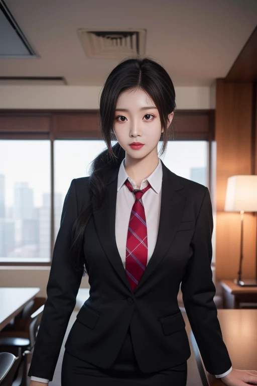 ltra-detailed,highly detailed,best quality,masterpiece,illustration,realistic,photorealistic,
qingqingzi,1girl, upper body,looking at viewer, standing,
28yo chinese idol,ponytail,
suit,business suit,pencil skirt, necktie,
<lora:qingqingzi_v1_03:0.7>