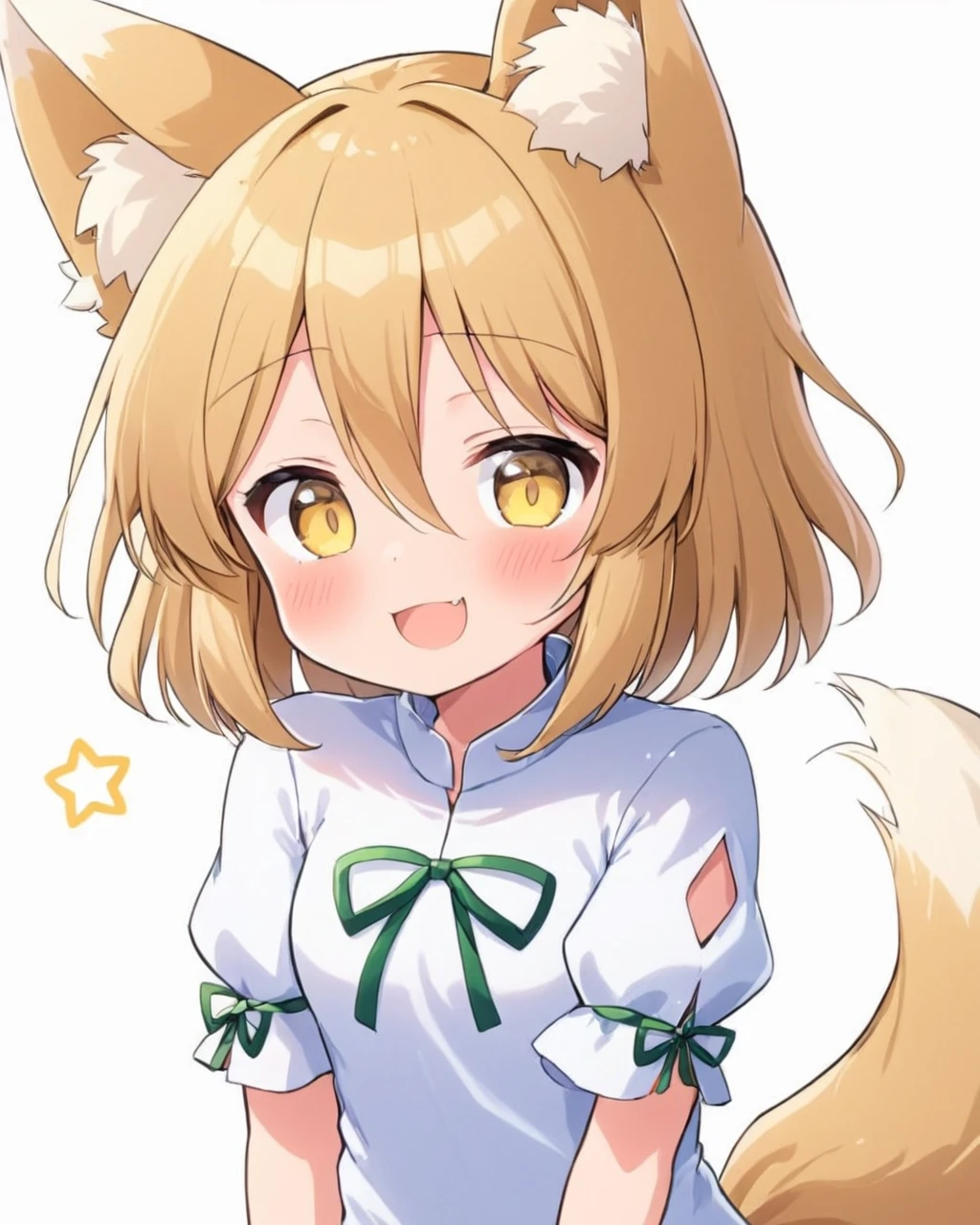 kudamaki tsukasa,1girl, fox_tail, solo, romper, white_background, fox_girl, open_mouth, simple_background, green_ribbon, skin_fang, smile, looking_at_viewer, signature, blush, puffy_short_sleeves, animal_ear_fluff
<lora:kudamaki_tsukasa_image1939_2023-12-20-000014:1>,star-shaped_pupils,symbol-shaped_pupils,. gorgeous,key visual, vibrant, studio anime,award-winning, professional, highly detailed,high budget, cinemascope