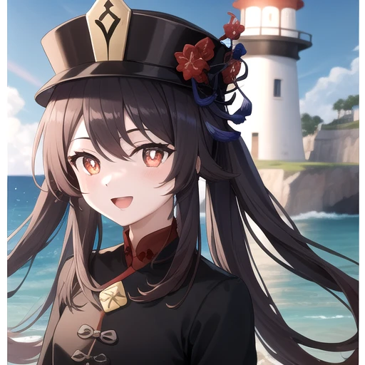((masterpiece)),(best quality),official art,extremely detailed CG,unity 8k wallpaper,ultra detailed,A lighthouse on a cliff by the sea,1girl,solo,upper body,(portrait:1.2),looking at viewer,hat,red_eyes,brown_hair,:d,twintails,smile,black_shorts,chinese_clothes,long_sleeves,symbol-shaped_pupils,short_shorts,red eyes,black_headwear,very_long_hair,<lora:Hutao(gen)>,