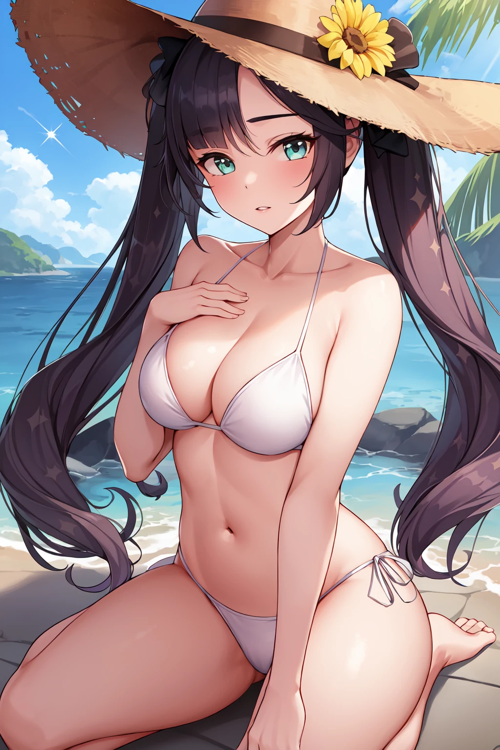 best quality, masterpiece, <lora:Monav3:0.7> Mona, sun hat, seiza, white bikini, hand on chest, parted lips, looking at viewer, glint, lens flare, light rays, sparkle, ocean, horizon,