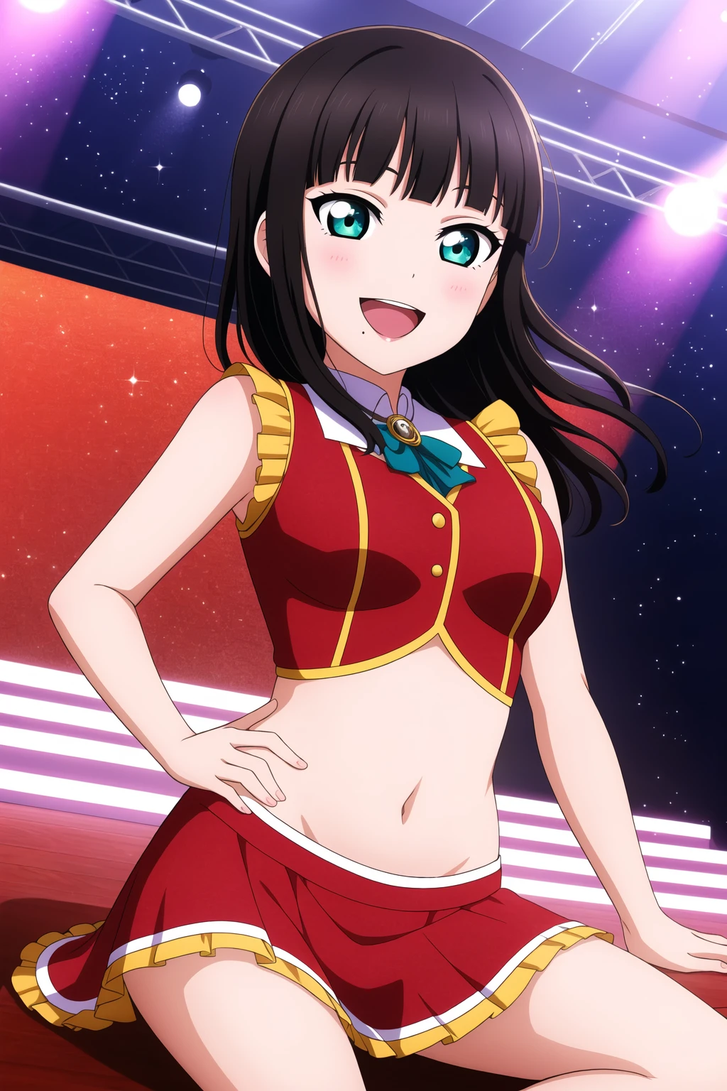 masterpiece, best quality, highres, absurdres, 1girl,
<lora:DiaKurosawa_Mistoon_Locon_CulturedDiffusion:0.6>, dia kurosawa, black hair, aqua eyes, mole under mouth,
idol, dancing, singing,
stage, spotlight, auidence,
smile, open mouth, hand on own stomach, sitting