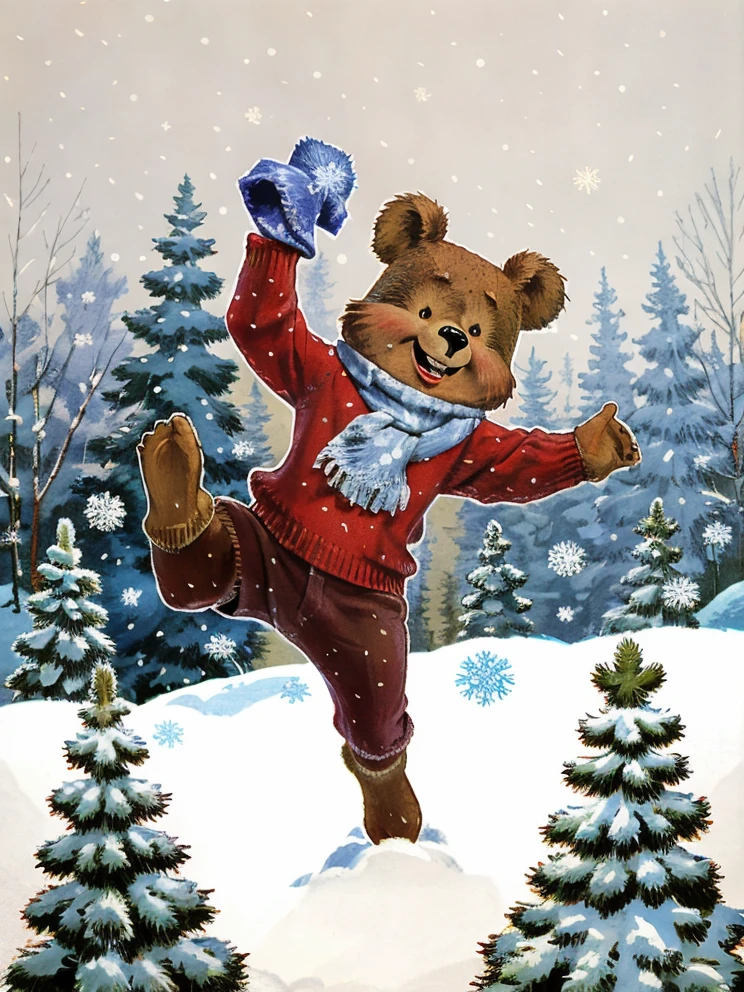 front view, bear jumping, snow, (sweater, knitted hat, scarf:0.8), sunshine, day, snowfall, snowflakes, forest, paint by zarubin, <lora:zarubin:0.9>