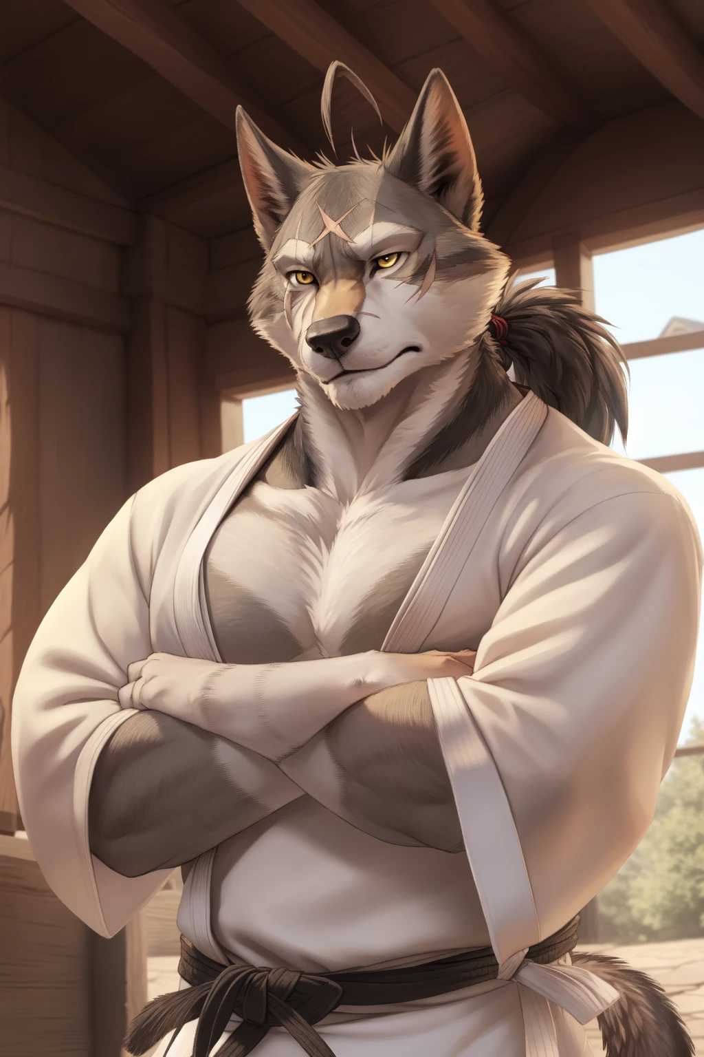 <lora:ten_kodori-05:1>, ten kodori, tail, scar, grey fur, (posing:1.3), (soft shading), 4k, hi res, five fingers, detailed hands, ((detailed face, (detailed eyes, yellow eyes), detailed)), by zackarry911, by zaush, (by personalami:0.5), ponytail, solo, 1boy, male focus, cowboy shot, japanese clothes, crossed arms, pectoral cleavage, karate