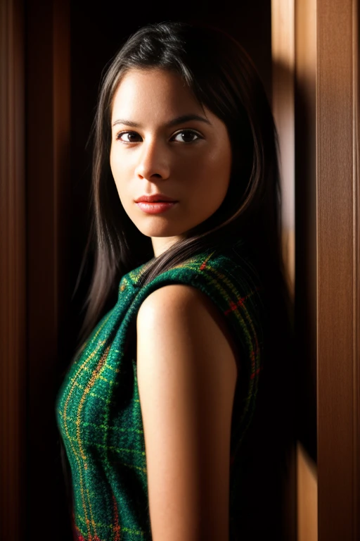 h011ym4ri3c0mb5 in a plaid top and is standing in a doorway with her hand on her hip, <lora:Holly_Marie_Combs_PMv1_Lora:1.3>,, ((Close-Up)), high quality photography, 3 point lighting, flash with softbox, 4k, Canon EOS R3, hdr, smooth, sharp focus, high resolution, award winning photo, 80mm, f2.8, bokeh, detailed skin texture, (blush:0.5), (goosebumps:0.5), subsurface scattering