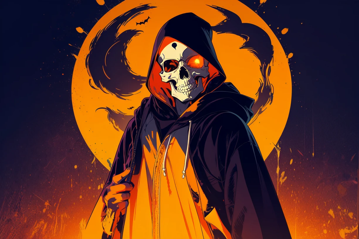 1 boy,skull face,skull, wearing white velvet robe, hoodie up, holding syth, glowing eyes, smirk,evil, purple and orange colour scheme, Halloween , view from far ,Skulls rule (×∆×)