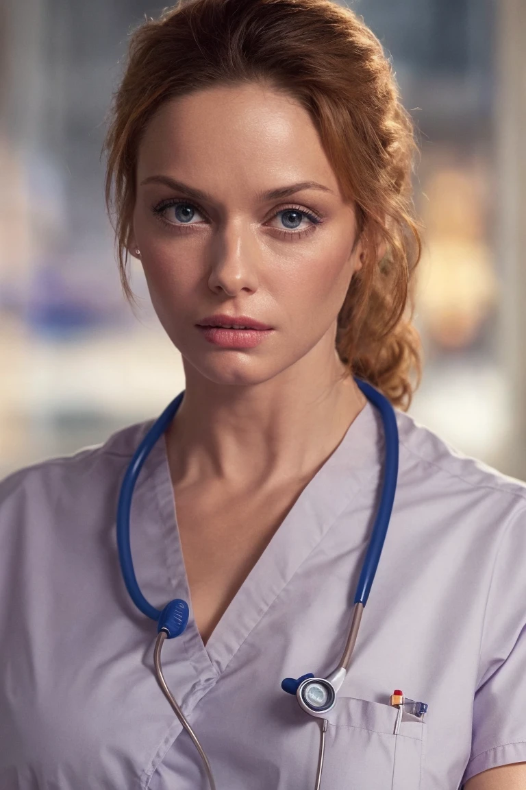 nurse in scrubs, at hospital, worried expression, soft colors, bokeh, masterpiece, high quality, (high detailed skin:1.1)
<lora:christina_hendricks_lora_v01:1> ch3nd