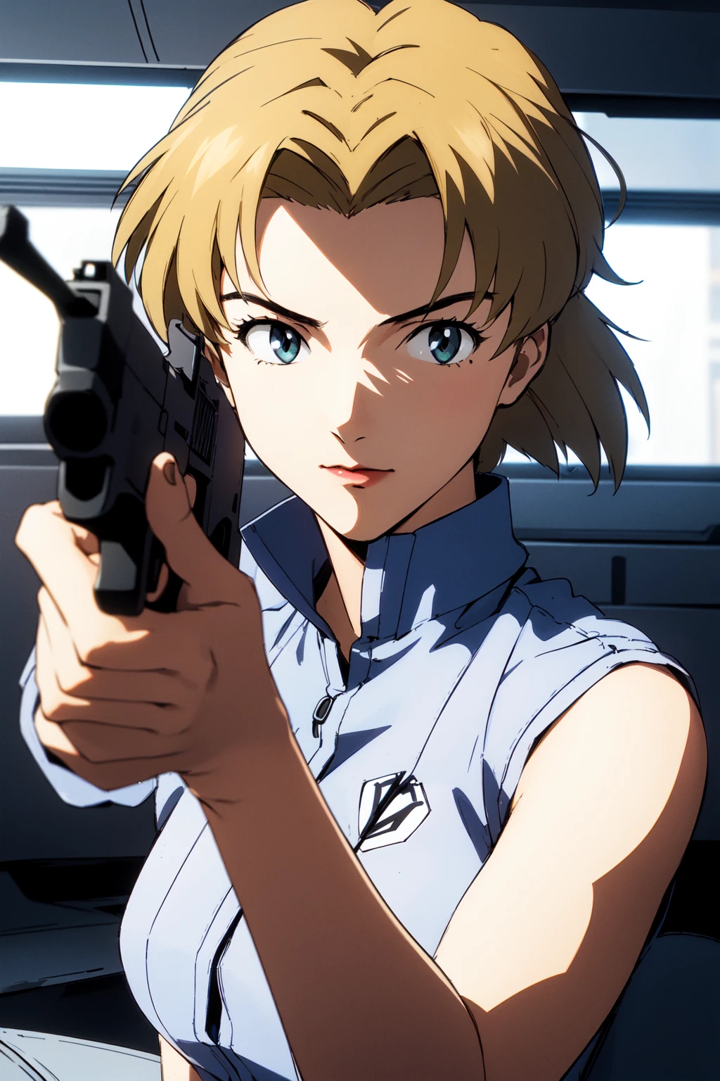 (RAW photo, best quality), 1girl, natural lighting,
<lora:evangelion_ritsuko_akagi_v2_2:0.8> ritsuko akagi, upper body, eva anime style, pistol, holding a pistol,