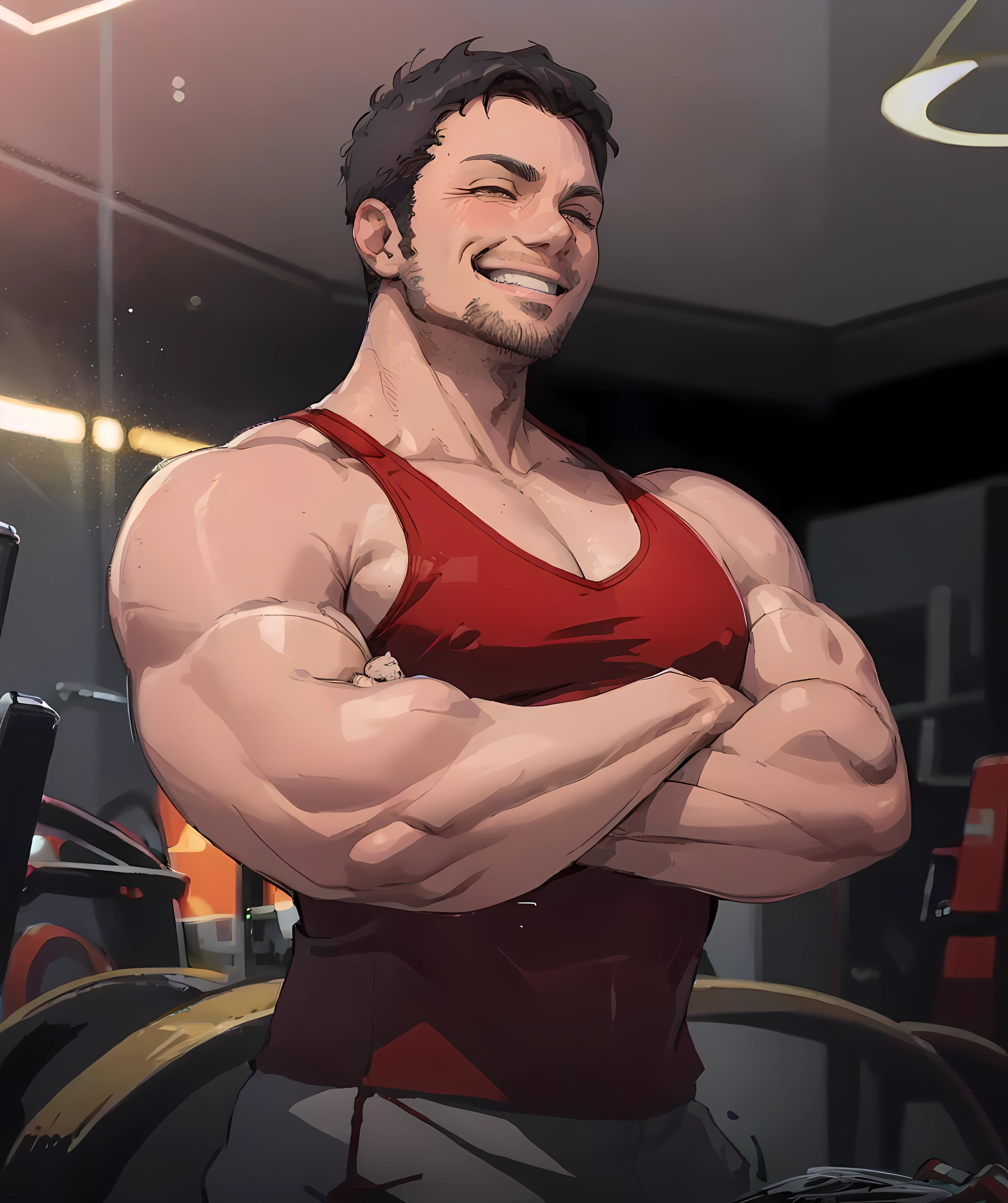 noel_deyzel, (red tanktop:1.1, grey short), crossed arms, (muscular:1.3229, bodybuilder:1.3, big muscle), (happy, smiles, teeth) <lora:Noel_Deyzel:0.85>