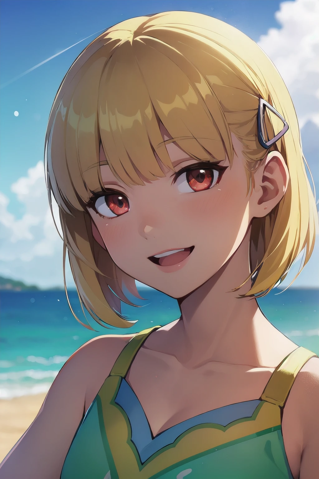 portrait, sharp focus, soft lighting, illustration, depth of field, outdoors, beach, blue sky, 1girl, :D smiling, rosetta1, short hair, blonde hair, red eye, blunt bangs, hairclip <lora:rosetta1-000003:0.75>