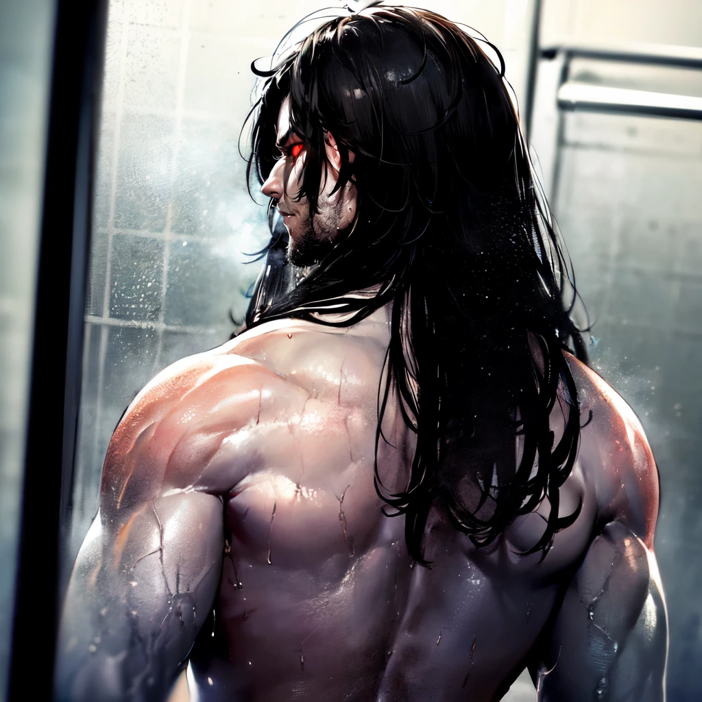 ((a man in the shower, wet, dripping, from behind, looking at viewer)), high detail skin, high detail eyes, high detail hair, highres, ultra detailed, sharpen picture, Highly detailed, masterpiece, best quality, <lora:LoboLoRA:0.8> lobo with long hair, face paint, glowing red eyes, nude
