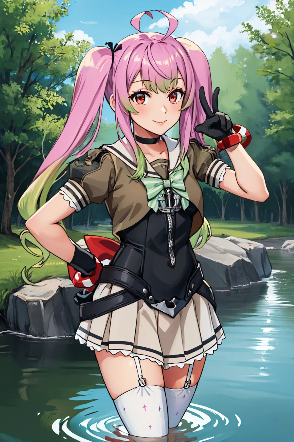 (masterpiece, best quality:1.2), solo, 1girl, kcmomo, smile, peace sign, wading, ahoge, twintails, serafuku, bowtie, short sleeves, (gloves:1.1), corset, anchor, grey skirt, white thighhighs, garter straps, choker <lora:kancolle_momo-11:1>
