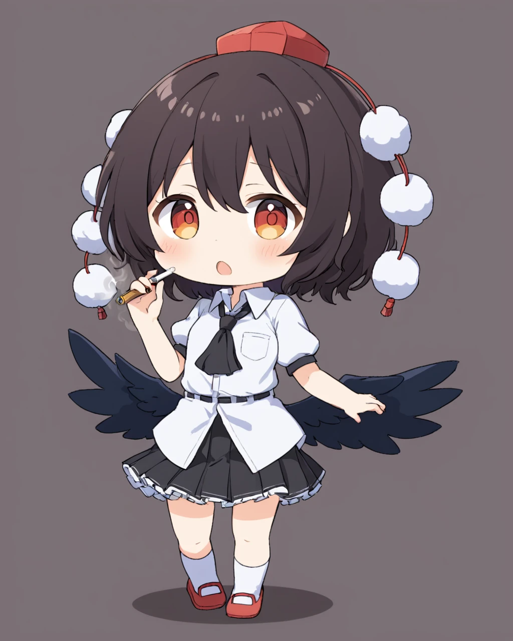 shameimaru aya,1girl, solo, smoke, tokin_hat, white_background, white_shirt, red_headwear, black_wings, black_skirt, collared_shirt, shadow, puffy_short_sleeves, black_ascot, mini_wings, blush, frilled_skirt, chibi, socks, looking_at_viewer, pom_pom_\(clothes\), full_body, seiza, simple_background, feathered_wings, smoking, no_shoes, open_mouth, pleated_skirt, wavy_mouth
<lora:shameimaru_aya_image5713_2023-12-20-000004:1>,star-shaped_pupils,symbol-shaped_pupils,. gorgeous,key visual, vibrant, studio anime,award-winning, professional, highly detailed,high budget, cinemascope