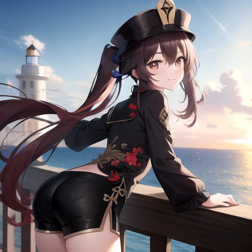 ((masterpiece)),(best quality),official art,extremely detailed CG,unity 8k wallpaper,ultra detailed,A lighthouse on a cliff by the sea,1girl,solo,cowboy shot,looking at viewer,short_shorts,black_shorts,hat,red_eyes,brown_hair,chinese clothes,twintails,smile,chinese_clothes,long_sleeves,symbol-shaped_pupils,red eyes,black_headwear,very_long_hair,<lora:Hutao(gen)>,