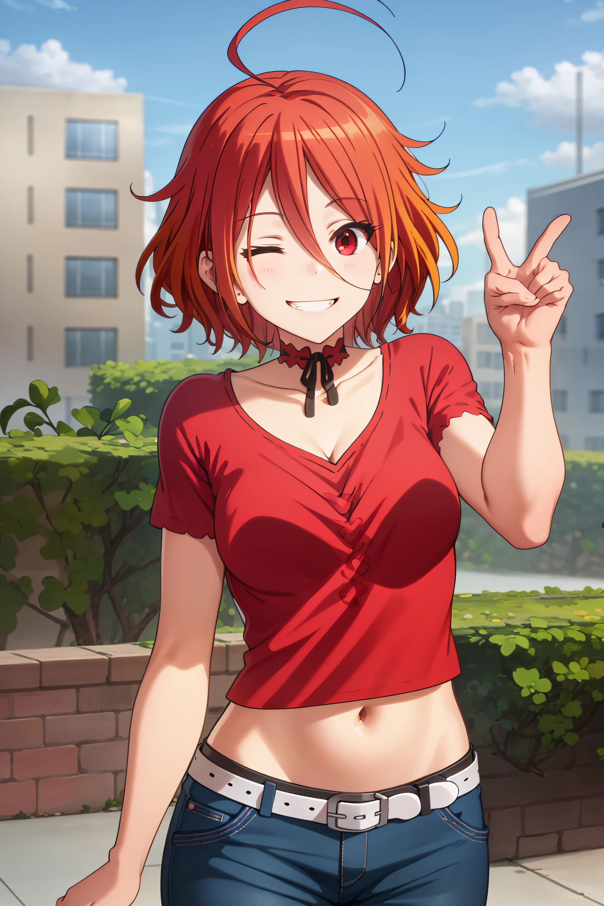 best quality, masterpiece, detailed,
<lora:AmagiBrilliantPark_Salama:0.8>, SalamaAmagi,
solo, light smile, teeth,
orange hair, multicolored hair, antenna hair, wink, one eye closed, short hair, red eyes,
SalamaCasual, red shirt, jeans, black choker, black belt, navel,
standing, looking at the viewer,
city, street,