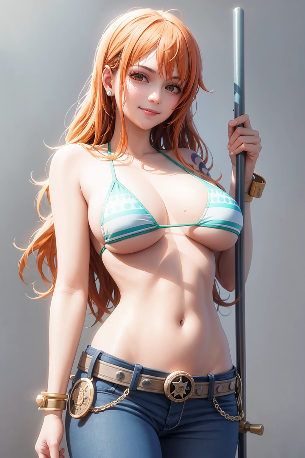 masterpiece, best quality, <lora:nami:1>,
nami \(one piece\), 1girl,solo,orange hair, long hair,orange eyes,earrings, jewelry,swimsuit, bikini top only, navel,shoulder tattoo, bangle,belt,jeans,denim,blue pants,
blue staff,holding staff,
grey background, cowboy shot, smile,large breasts,