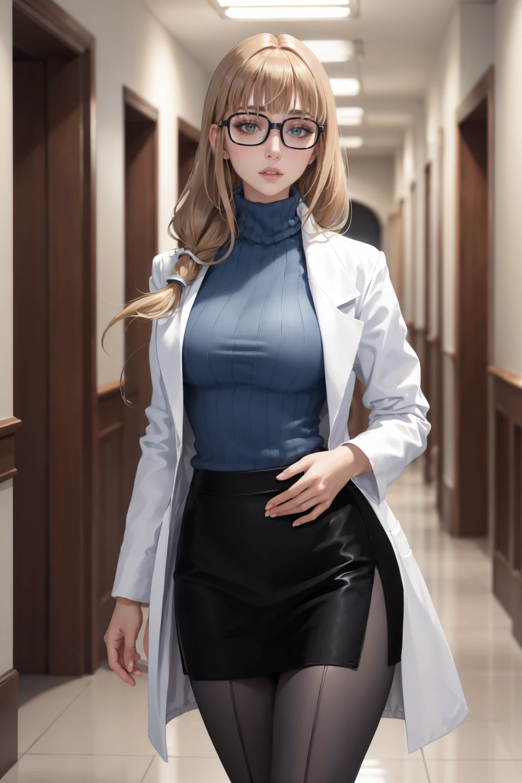 masterpiece, best quality, <lora:oleana-nvwls-v1-000010:0.9> pastOleana, medium hair, blunt bangs, tied hair, hair over shoulder, glasses, labcoat, blue turtleneck sweater, black miniskirt, pantyhose, long sleeves, large breasts, walking, hallway, looking at viewer, surprised, parted lips