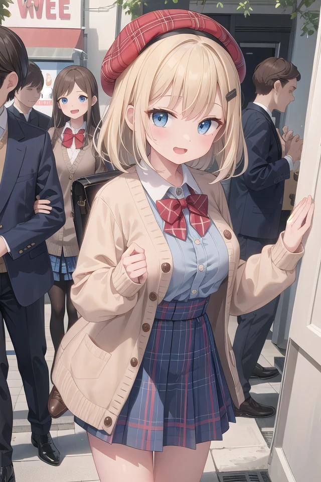 insanely detailed, absurdres, ultra-highres, ultra-detailed, best quality,
1girl, solo, nice hands, perfect hands,
BREAK
(vintage-inspired beret with flower pin:1.3), (navy and red plaid dress:1.5), (golden buttons down the front:1.2), (ivory blouse with ruffle detailing and red bow tie:1.4), (peach cardigan with cable knit pattern:1.3), (black tights:1.1), (red Mary Jane shoes:1.2)
BREAK
happy smile, laugh, open mouth, standing,
45 angle,
cute pose, cowboy shot,
BREAK
slender, kawaii, perfect symmetrical face, ultra cute girl, ultra cute face, ultra detailed eyes, ultra detailed hair, ultra cute, ultra beautiful,
BREAK
in harajuku, shibuya, tokyo, street, crowd, cityscape,
BREAK
medium breasts,
(blonde medium hair, blue eyes),