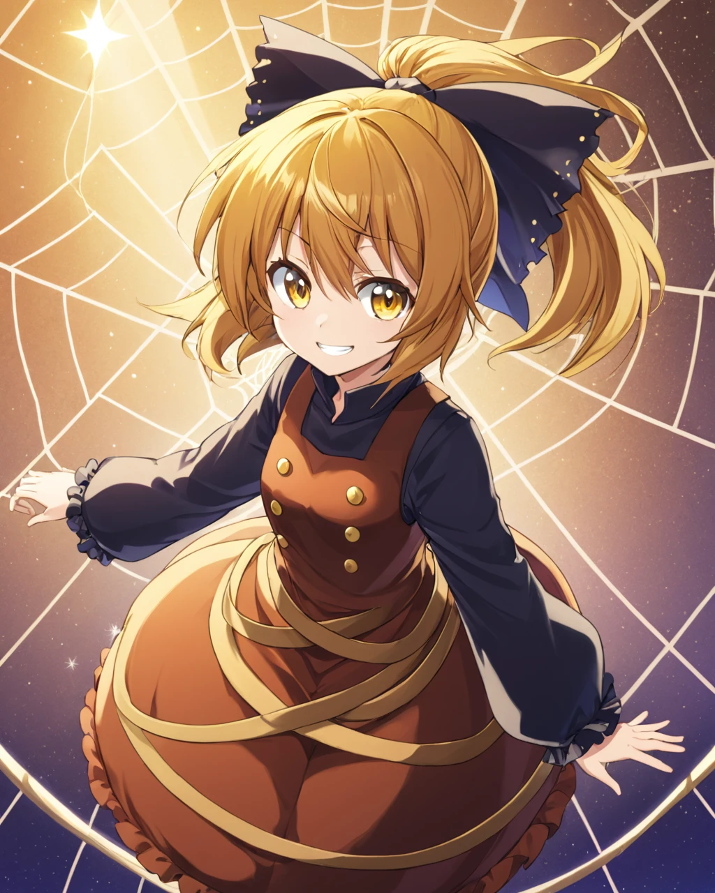 kurodani yamame,1girl, solo, hair_bow, dress, ponytail, grin, long_sleeves, spider_web
<lora:kurodani_yamame_image2914_2023-12-17-000008:1>,star-shaped_pupils,symbol-shaped_pupils,. gorgeous,key visual, vibrant, studio anime,award-winning, professional, highly detailed,high budget, cinemascope