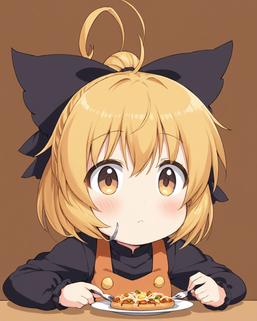 kurodani yamame,1girl, solo, ?, hair_bow, fork, ponytail, food_on_face, blush, dress, long_sleeves, brown_background, simple_background, eating, hair_ribbon, upper_body, ahoge
<lora:kurodani_yamame_image2914_2023-12-17-000008:1>,star-shaped_pupils,symbol-shaped_pupils,. gorgeous,key visual, vibrant, studio anime,award-winning, professional, highly detailed,high budget, cinemascope