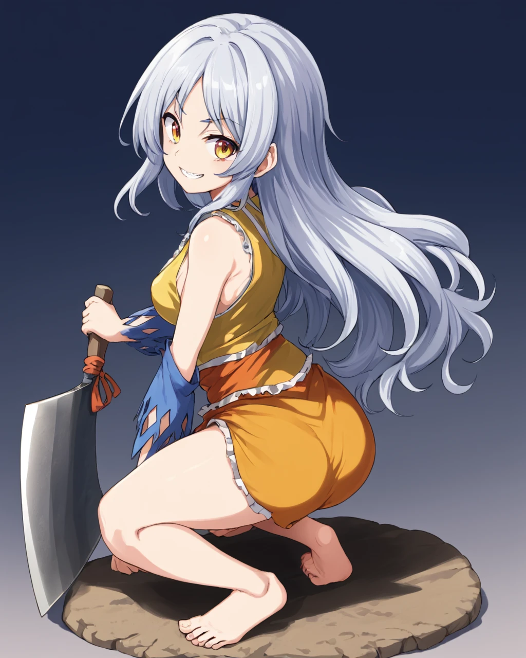 sakata nemuno,1girl, solo, multicolored_dress, detached_sleeves, barefoot, sharp_teeth, single_strap, grin, cleaver, looking_at_viewer, nata_\(tool\), bare_shoulders, colored_eyelashes, weapon, squatting, full_body, looking_back, one_knee, yellow_dress, medium_breasts
<lora:sakata_nemuno_image573_2023-12-20-000015:1>,star-shaped_pupils,symbol-shaped_pupils,. gorgeous,key visual, vibrant, studio anime,award-winning, professional, highly detailed,high budget, cinemascope