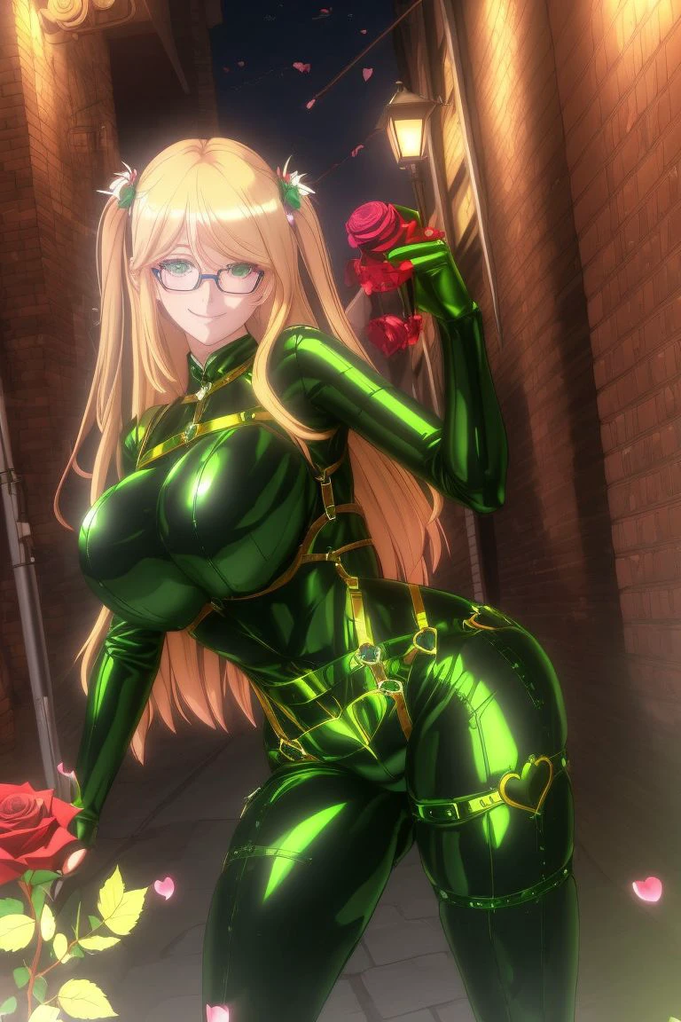 high resolution, masterpiece, high quality, perfect face, <lora:Shizuru-Spysuit:.9>, Shizuru, green spysuit, body harness, heart loops, large breasts, green gloves, blonde hair, extremely glossy, glasses, seductive smile, very dark city alley, night time, holding a rose, surrounded by rose petals