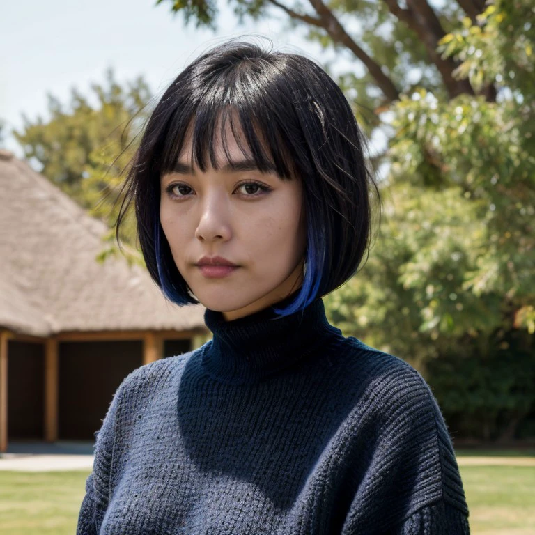 <lora:rnk-29:1> rnk,black and blue hair bob, wearing sweater, close-up,masterpiece,blue sky,8k,uhd,soft lighting
