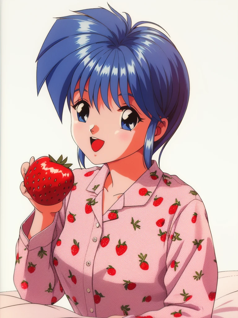 <lora:Nijino_Saki:0.8> NijinoSaki, solo, food print, 1girl, open mouth, retro artstyle, white background, 1990s (style), simple background, strawberry print, fruit, upper body, long sleeves, smile, pajamas, food,
bed,
masterpiece, high quality, very_high_resolution, large_filesize, full color,