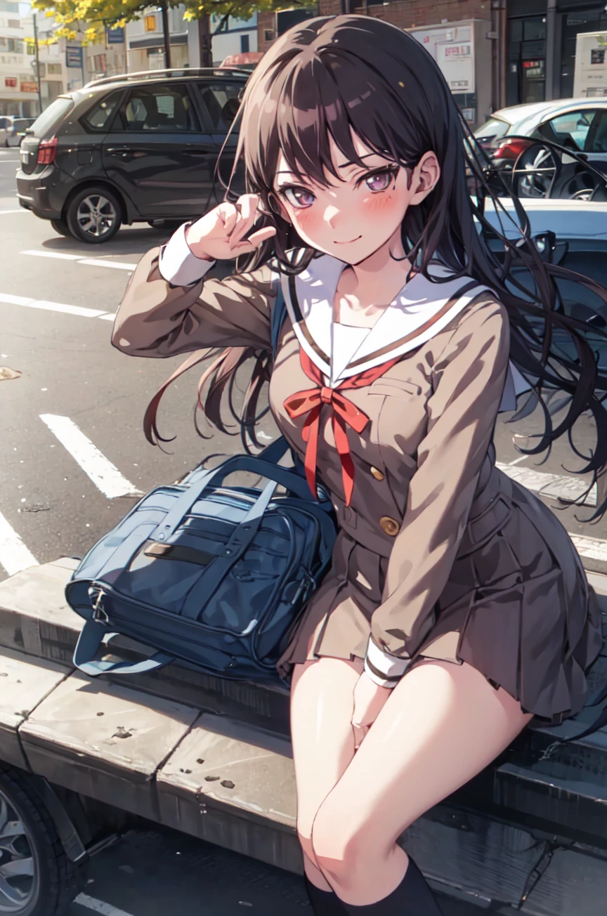 takimygo, looking at viewer, blush, smile,  skirt, long sleeves, ribbon, holding,  sitting, school uniform, outdoors, solo focus, socks,  sailor collar, bag, red ribbon, kneehighs, neck ribbon, holding hands, cat, ground vehicle, motor vehicle, knee up, school bag, dog, car, hanasakigawa school uniform