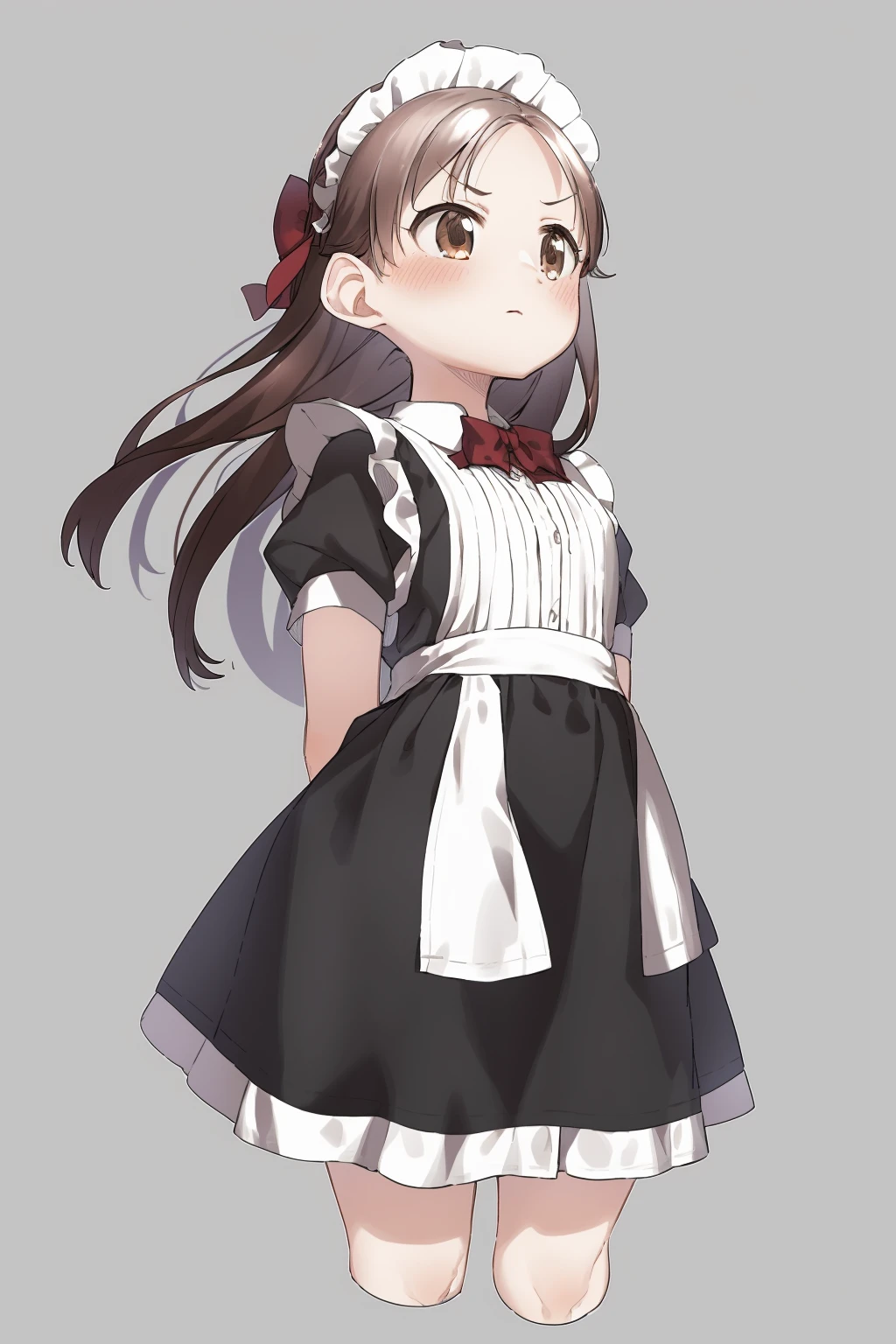 masterpiece, best quality, <lora:style21:1>,
1girl, solo, brown eyes, short sleeves, apron, maid headdress, brown hair, dress, puffy sleeves, maid, puffy short sleeves, white background, simple background, bow, looking away, black dress, parted bangs, blush, cropped legs, white apron, waist apron, closed mouth, bangs, frills, frilled apron, arms behind back, red bow, enmaided, shirt, long hair, sleeveless, grey background, v-shaped eyebrows, sleeveless dress, white shirt, looking to the side, frilled dress, alternate costume, standing, ribbon, feet out of frame