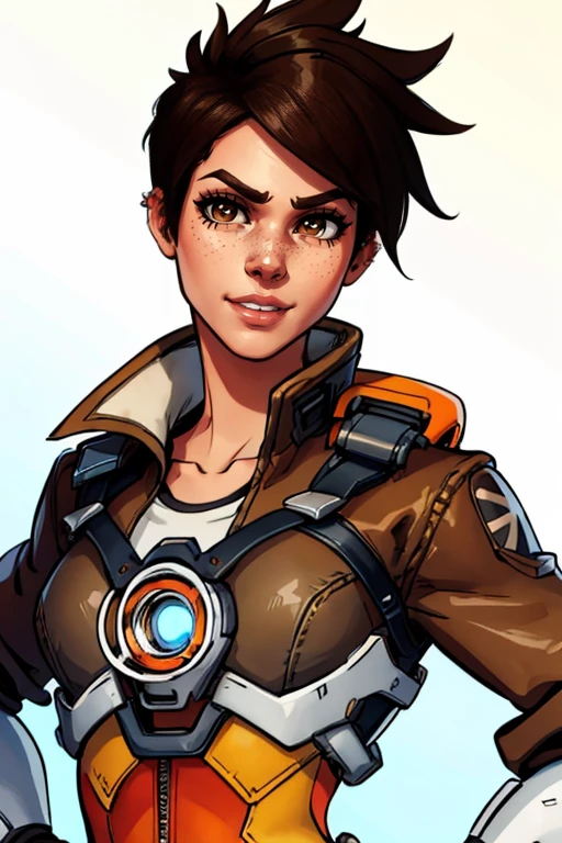 masterpiece,best quality,extreme detail,8k,image sharpness,<lora:Tracer-10:0.8>,Tracer2,1girl,solo,looking at viewer,smile,short hair,bangs,brown hair,brown eyes,jacket,upper body,parted lips,artist name,blurry,lips,bodysuit,piercing,spiked hair,ear piercing,freckles,brown jacket,nose,leather,harness,leather jacket,chest harness,bomber jacket,orange goggles,upper body,