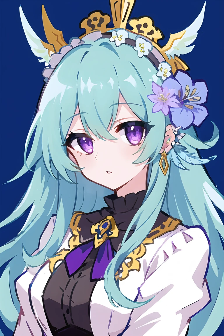 <lora:anime_color_explosion_v1:0.7>A mesmerizing digital portrait of a charismatic woman with piercing violet eyes, blue background, adorned in an ornate headdress, surrounded by vibrant blossoms and delicate feathers