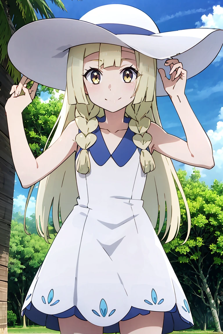 <lora:Prisma_CAT_Lora_v1:0.8>, masterpiece, best quality, highres, aalillie, long hair, braid, sun hat, white headwear, collarbone, sleeveless dress, white dress, <lora:lillie_(pokemon)_v1:0.7>, smile, outdoors, tropical beach, cowboy shot