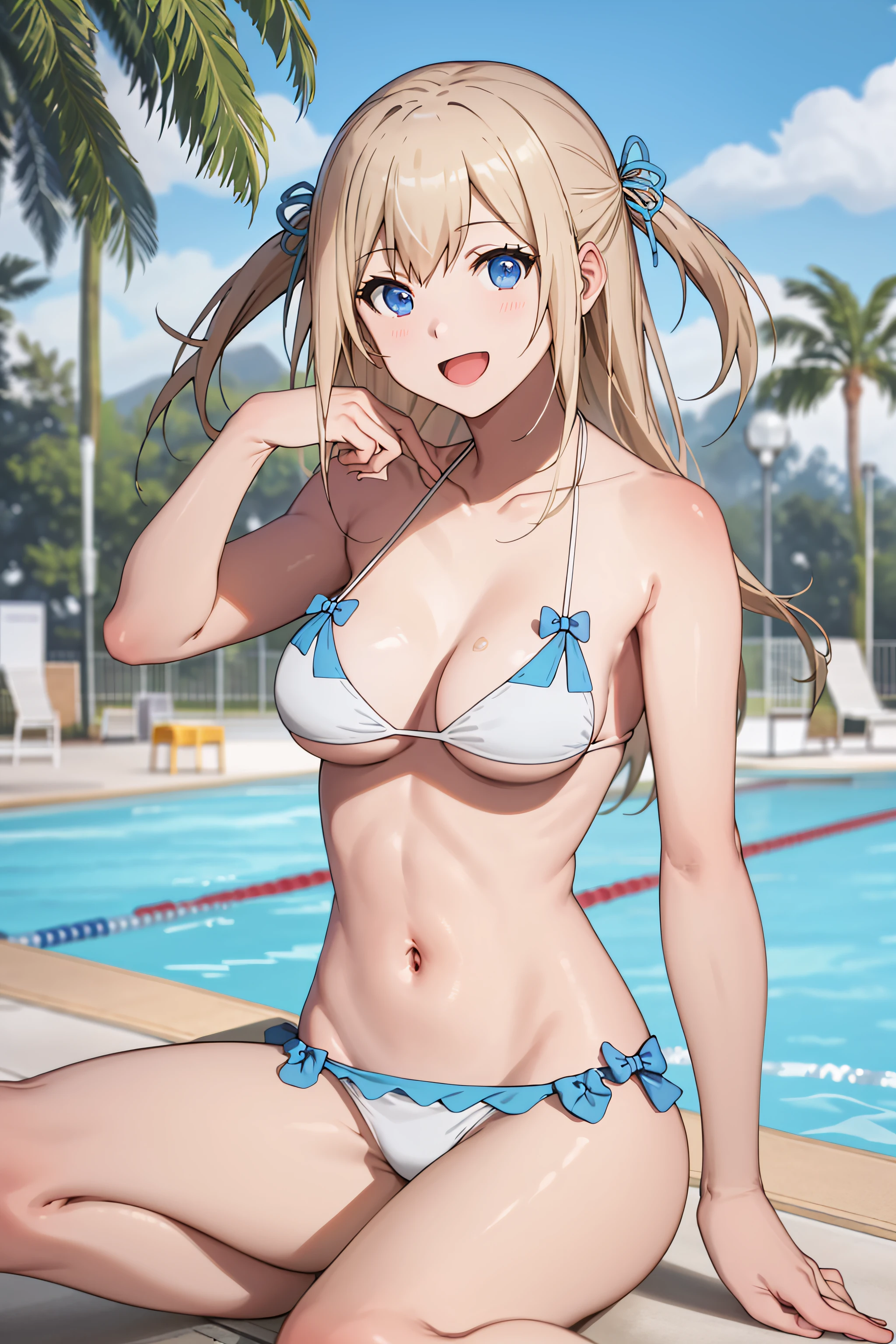 best quality, masterpiece, detailed,
<lora:AmagiBrilliantPark_Sylphy:0.8>, SylphyAmagi,
solo, light smile, open mouth,
blonde hair, long hair, blue eyes, two side up, hair ribbon,
SylphyBikini, bikini, big breasts,
sitting, looking at viewer,
outside, pool